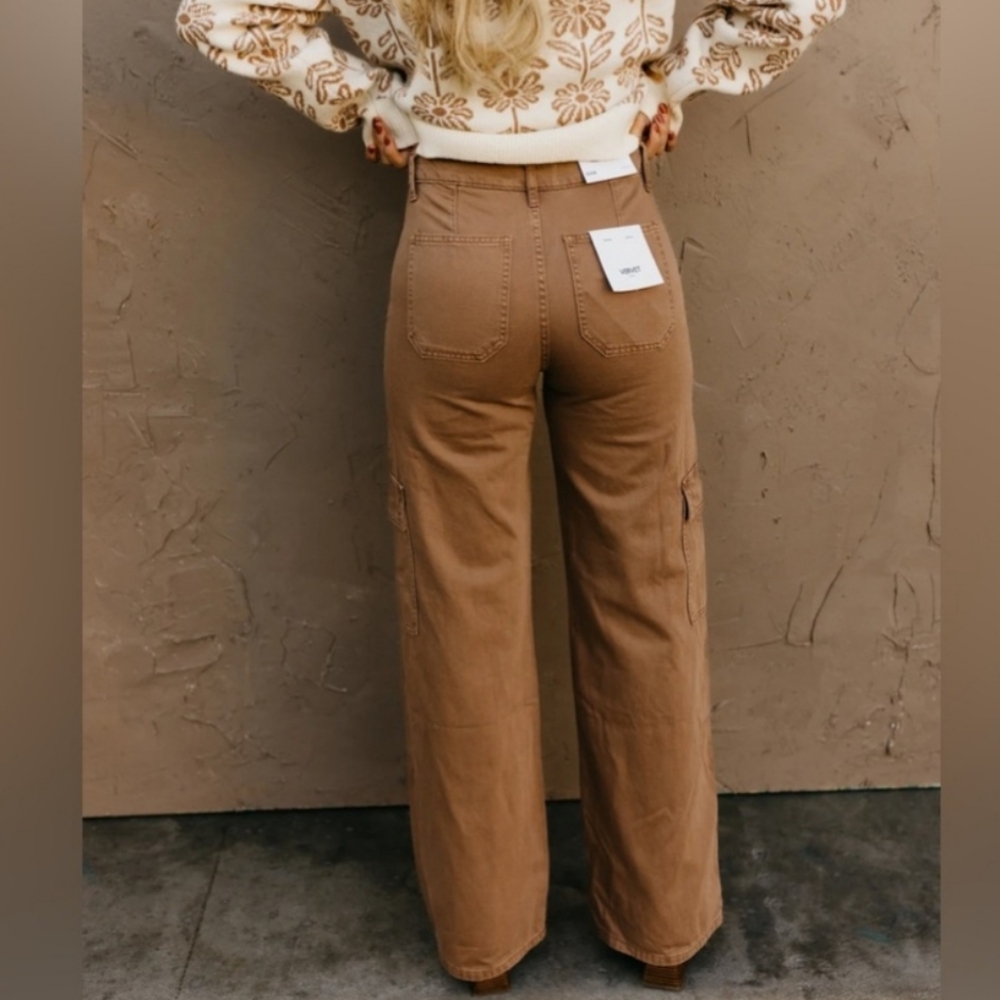 NWT Vervet Olivia Wide Leg Cargo Pant 100% cotton brown high rise baggy pants 28